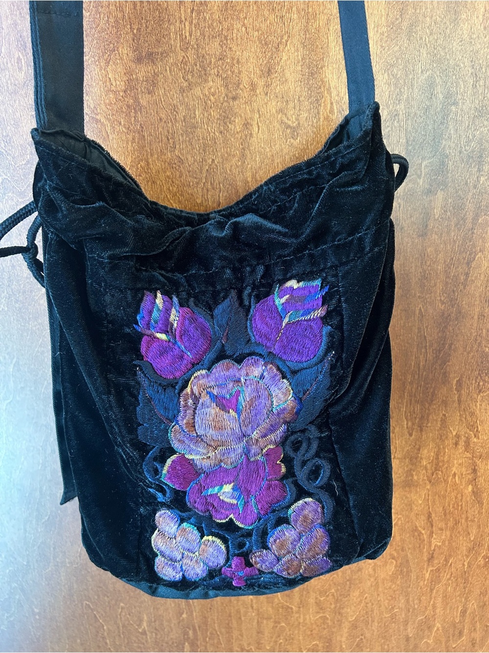Black Velvet Purse Purple Floral Embroidery Witchy Romantic Ethereal Bag